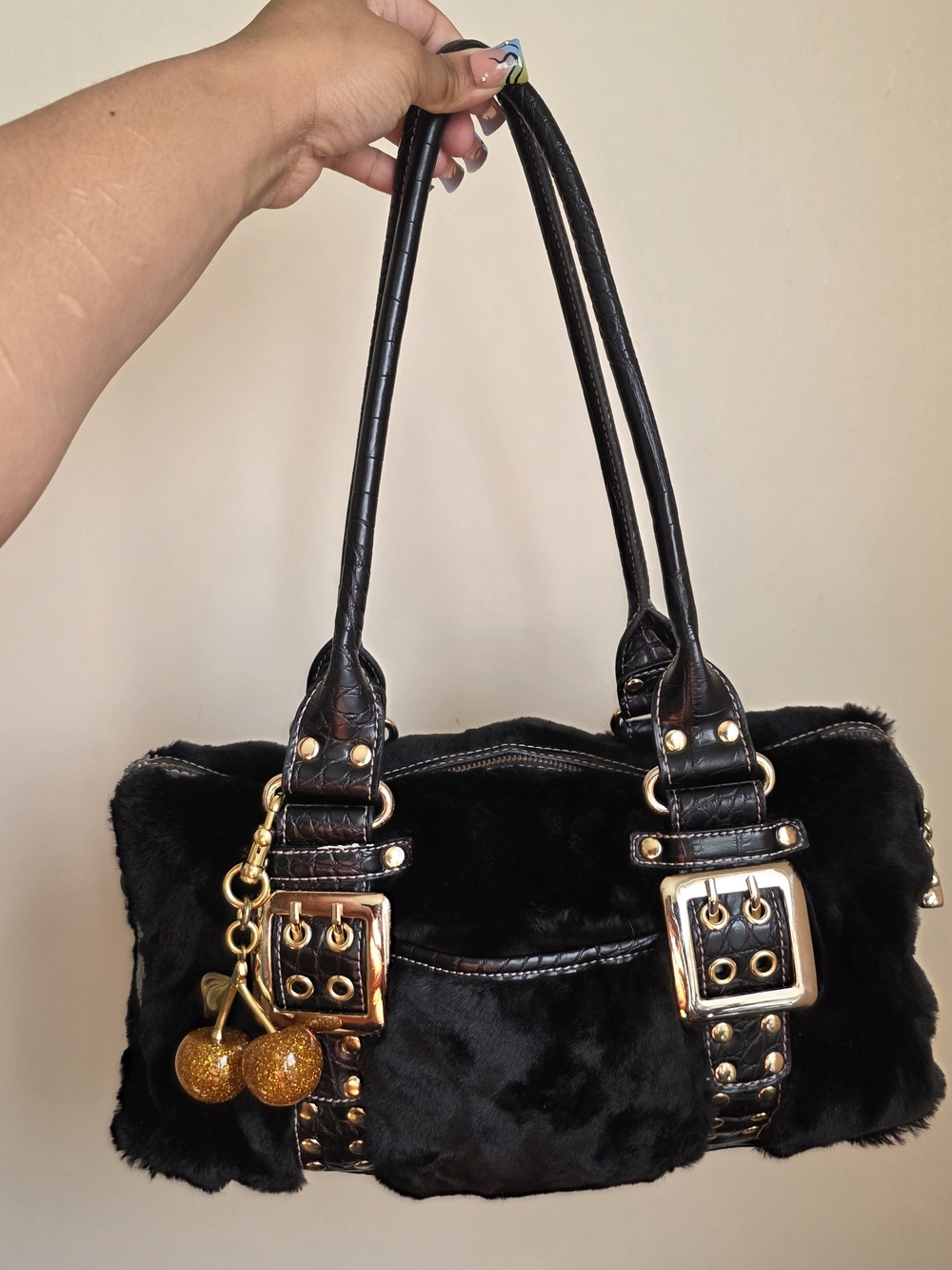 Kathy Van Zeeland Black Fur Shoulder Bag with Gold Hardware